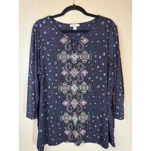 Croft & Barrow Plus Size Blue Animal Print Double Patterned Blouse Size XXL‎